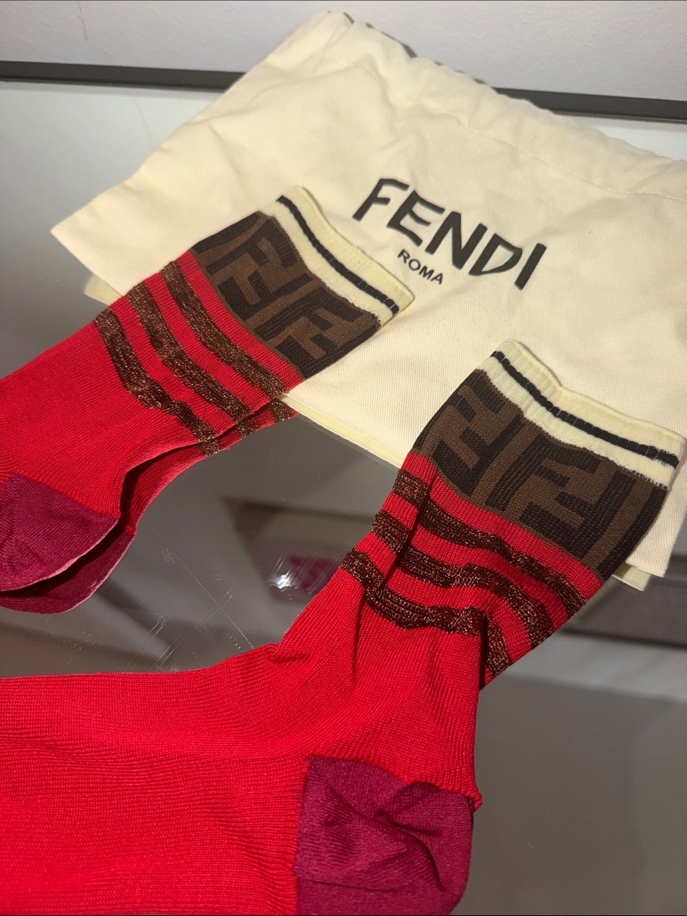 Fendi Red Socks with Brown FF logo